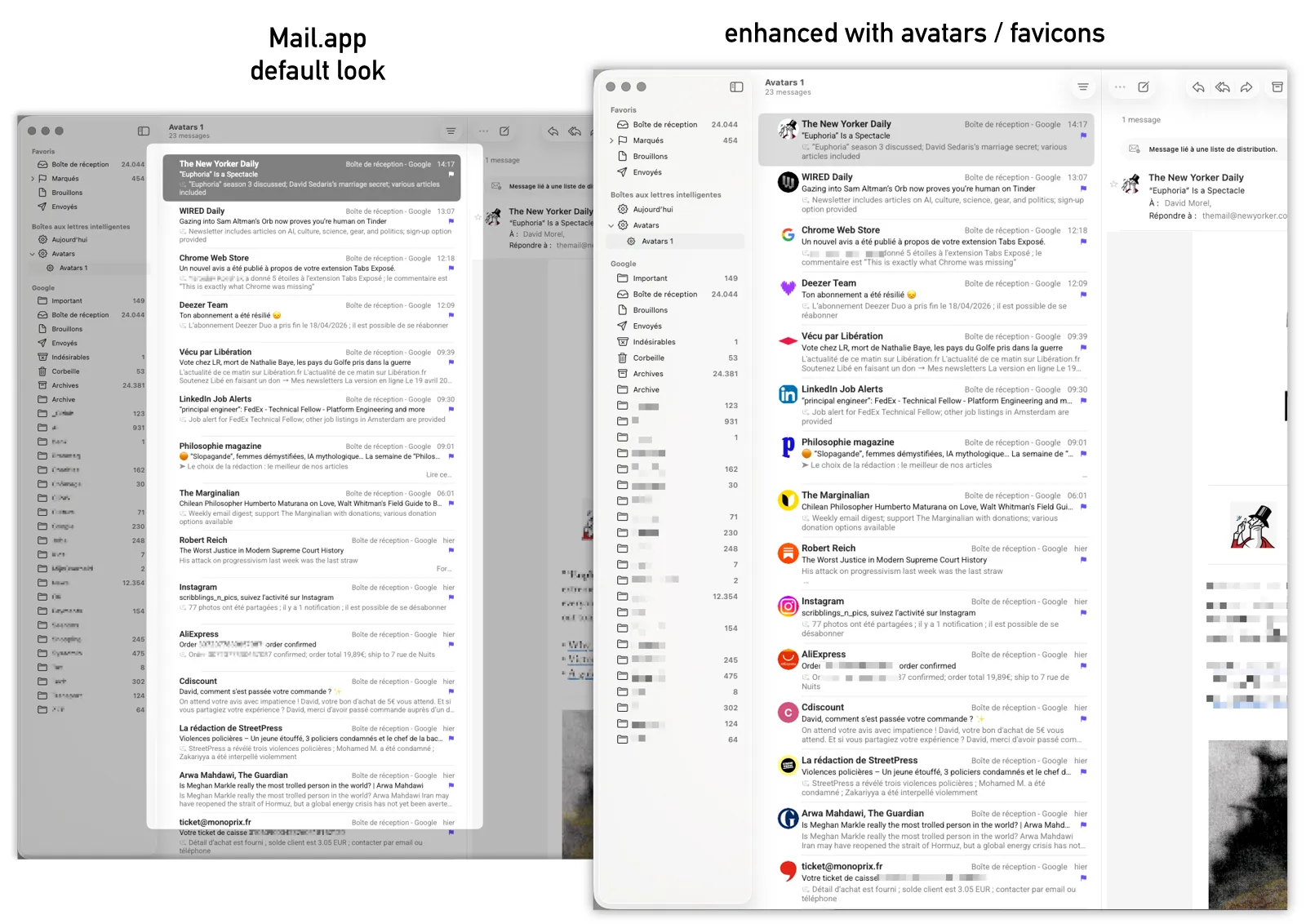 Mail.app inbox before and after running MailAvatars: the same thread list, faces and brand logos replacing the grey silhouettes.