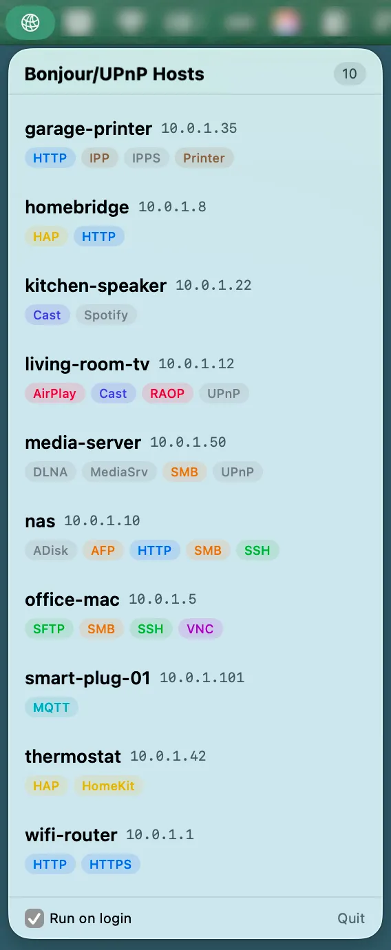 NearbyDevices menu bar dropdown listing every host on the LAN, each with colour-coded service pills.